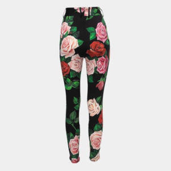 Dolce & Gabbana Black Floral Printed Silk High Waist Slim Trousers S - Picture 1 of 6